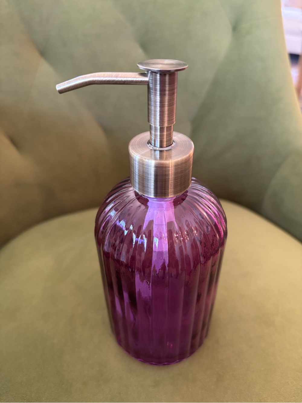 New Purple Ribbed Glass Soap Dispenser with Brushed Metal Pump